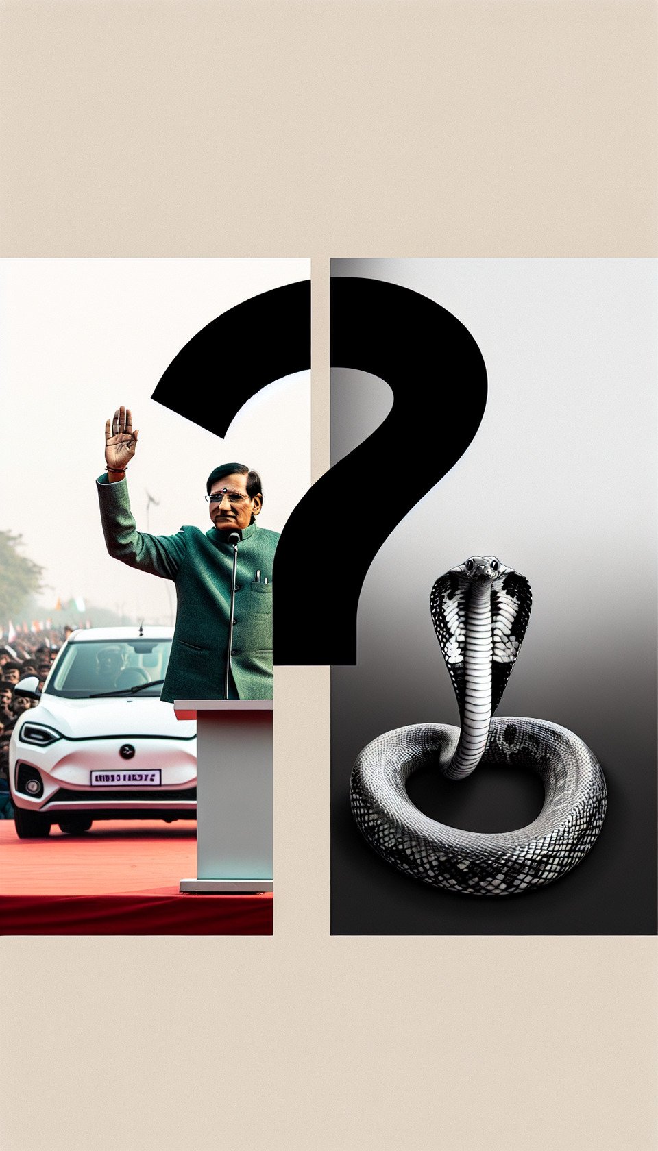 Left side (1/3): Image of Prime Minister Modi waving to a crowd at his rally.,Center (1/3): Image of a sleek electric car.,Right side (1/3): Split image showing one half with a question mark and the other half with a snake slithering out. text effect image
