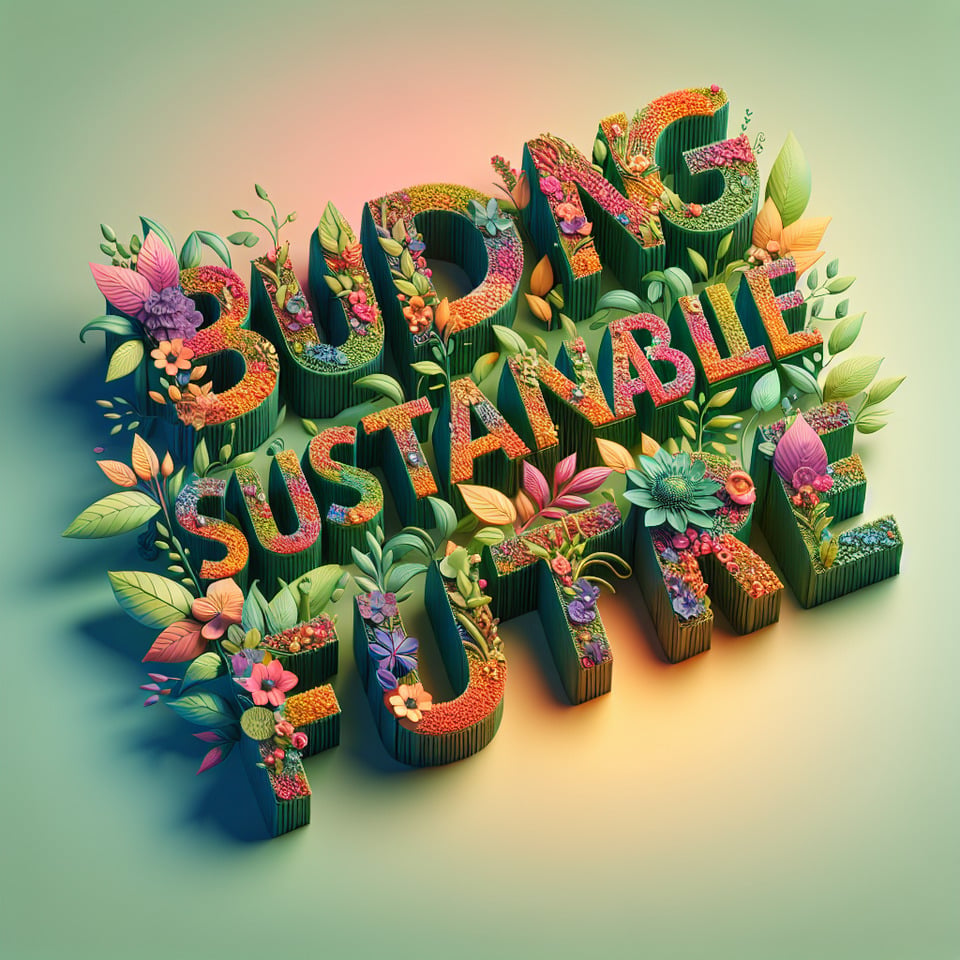 textBuilding A Sustainable Future three-dimensionalmade of flower,leaves gorgeouswith a light gradient background.typographycinematicphoto text effect image