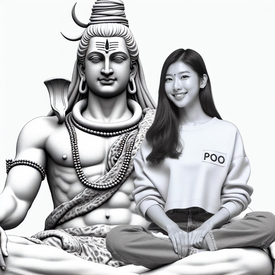 create a 3d illustration of lord shiva sitting with 20 year girl with smilling facePoo should written on girls pocket. text effect image