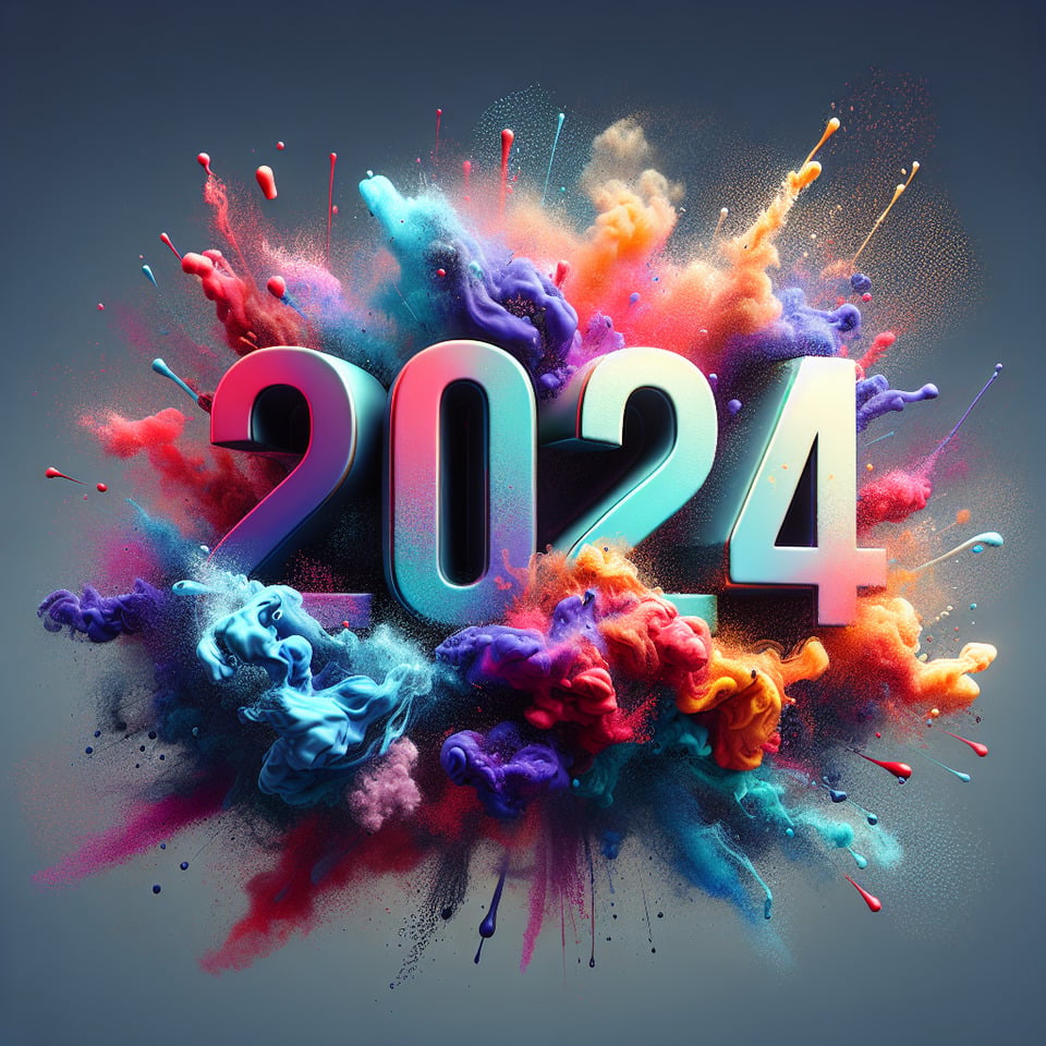 Text 2024 colorful splash 3d text and smoky backgroundtypographycinematic3d renderposter text effect image