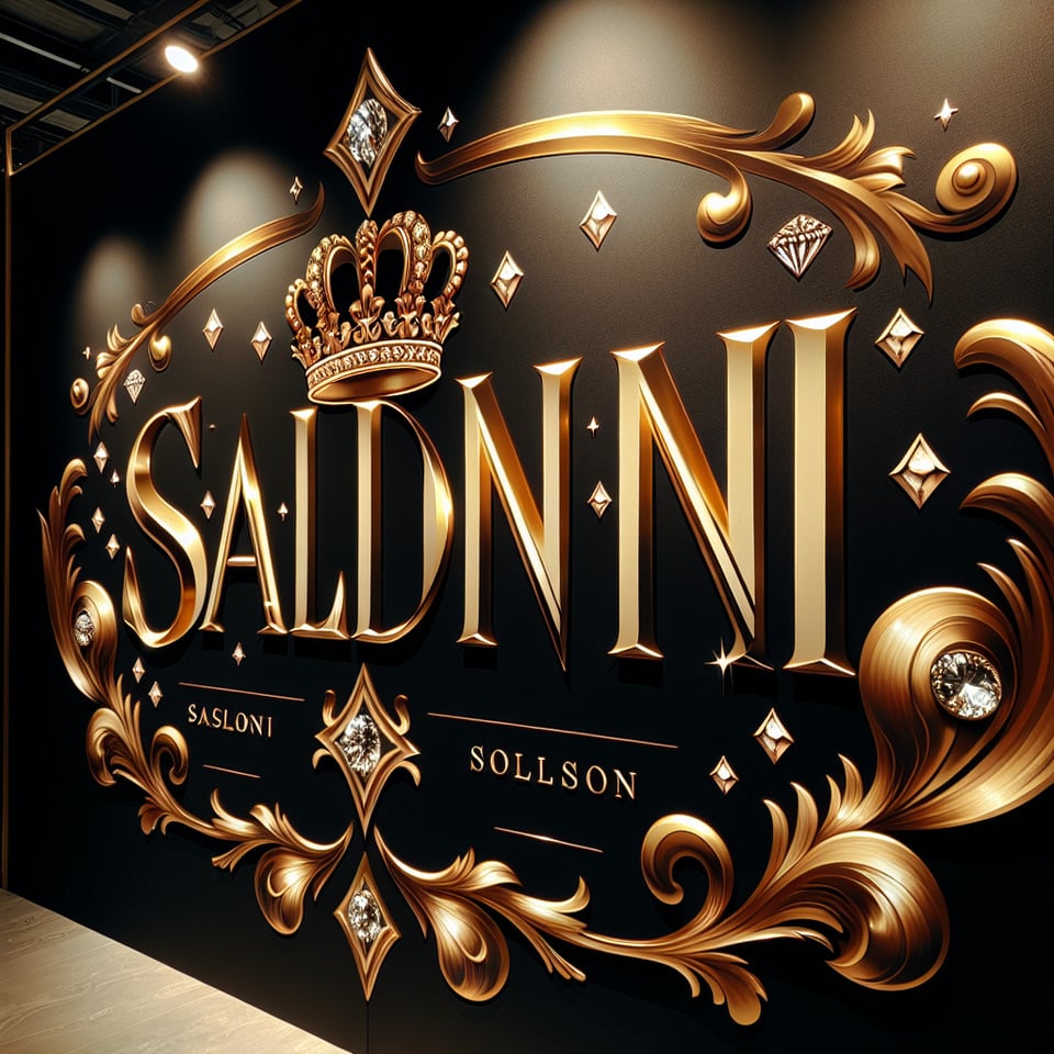 text SALONI golden luxury text effect with crown and diamond on BLACK background text effect image
