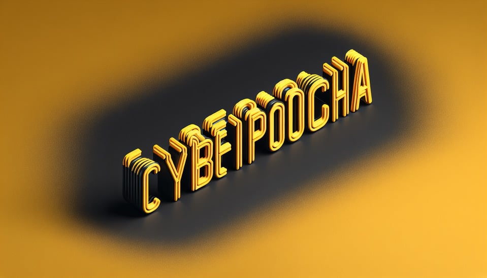 the text Cyberpoocha in a bold 3d font aesthetis with textures on it,yellow colour text effect image