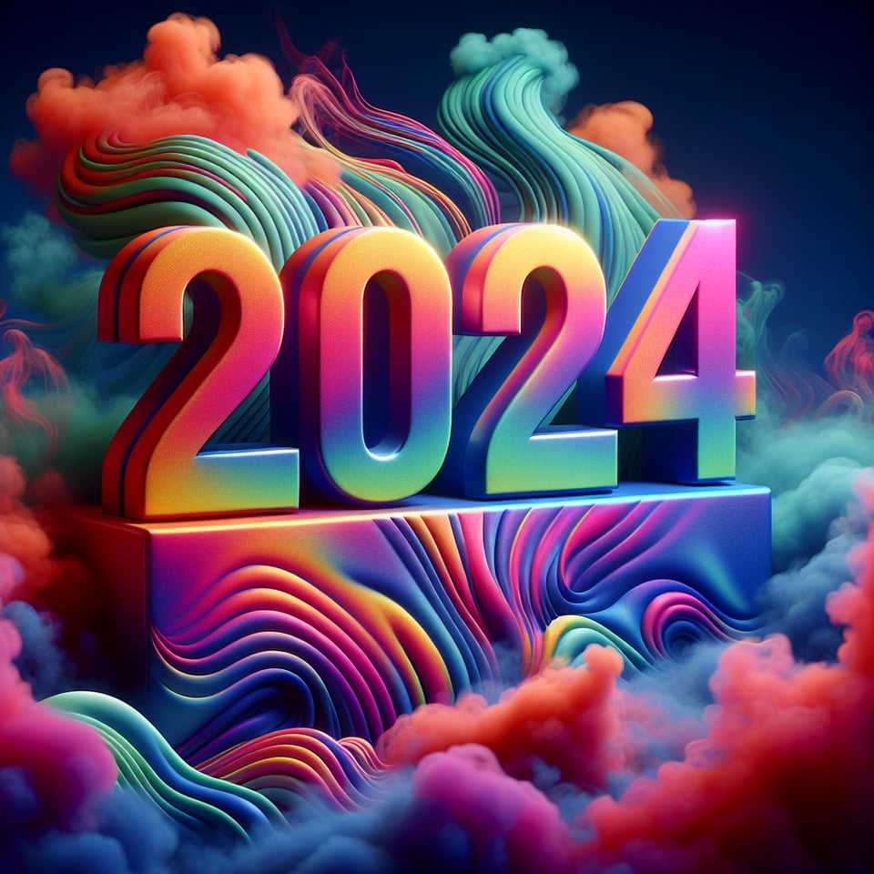 Văn bản 2024 văn bản 3d giật gân đầy màu sắc và nền khói text effect image