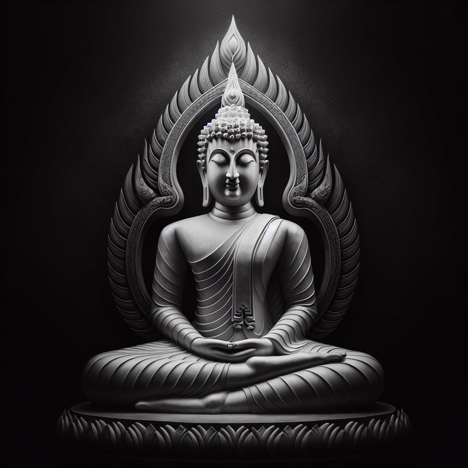 Buda no centro da imagem em preto e b ranco text effect image