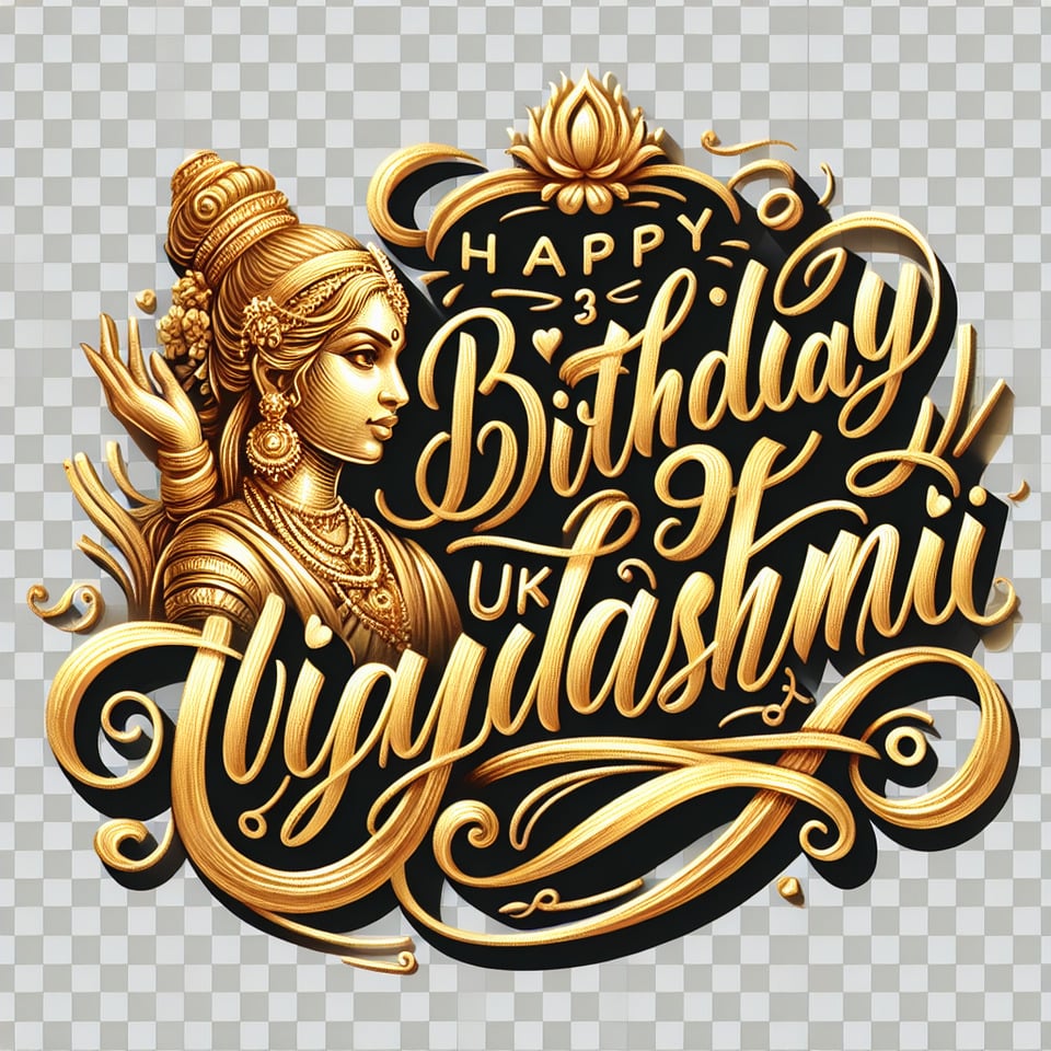 text Happy Birthday (UK)Vijayalakshmi in golden calligraphy with a transparent background  text effect image