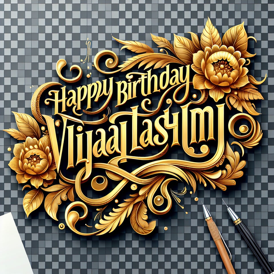 text Happy Birthday (uran kuttan) Vijayalakshmi in golden calligraphy with a transparent background text effect image