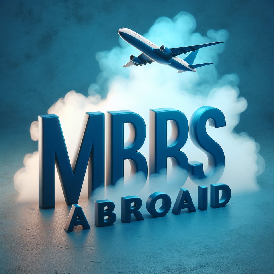 Text MBBS ABROAD Blue Plain 3d text and smoky background with a flying aeroplane on top text effect image