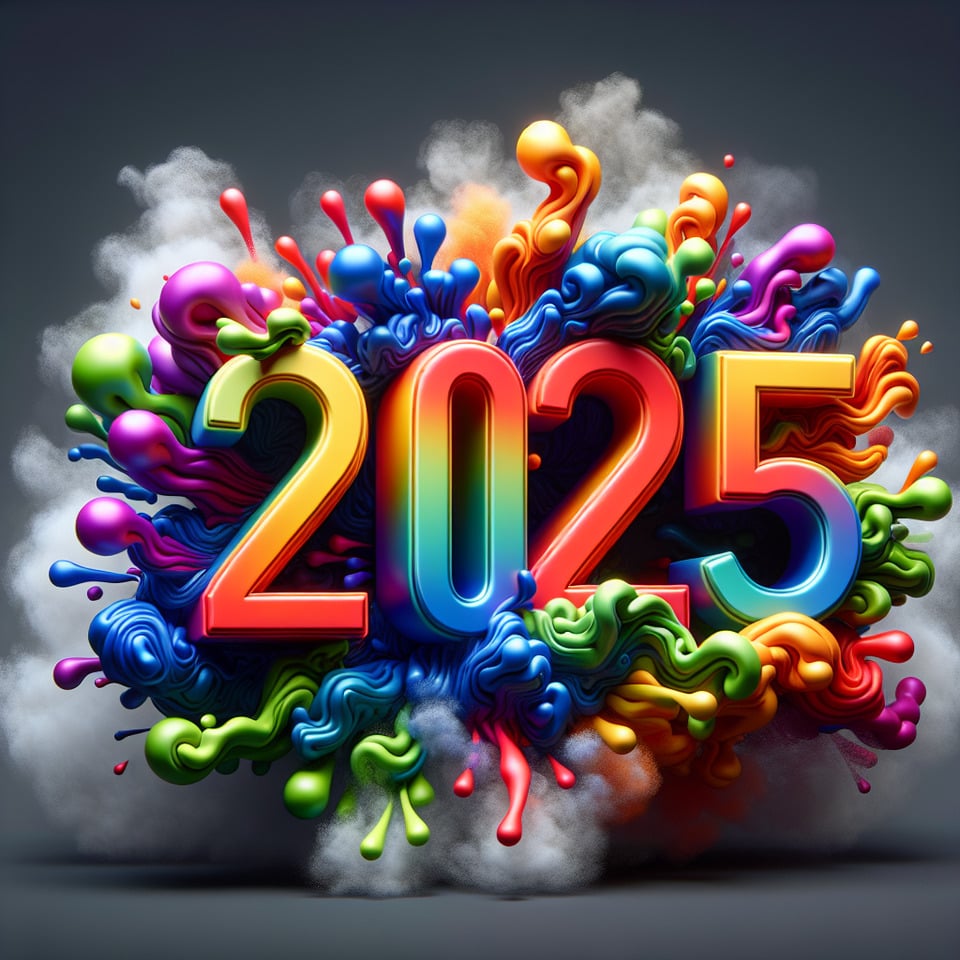 Text 2025 colorful splash 3d text and smoky background text effect image