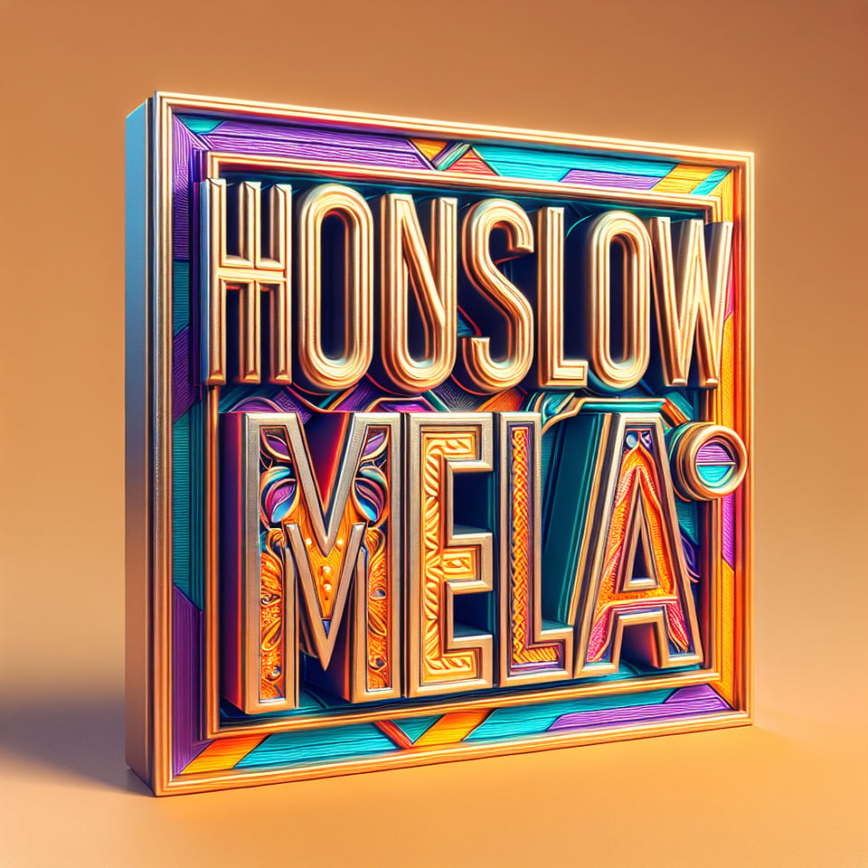 Text HOUNSLOW MELA colorful splash 3d text in goldsilver plate and background colorcinematictypography3d renderposter text effect image