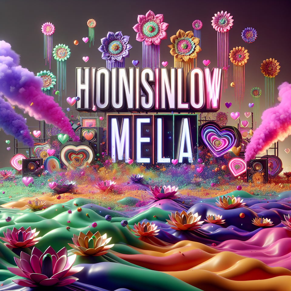 Name Hounslow Mela written on the backgroundsmall colorful touches of 3D paint and with colorful flowers and pink and purple smoke included. Everything in front with hearts in neon3D rendering3k3d render text effect image