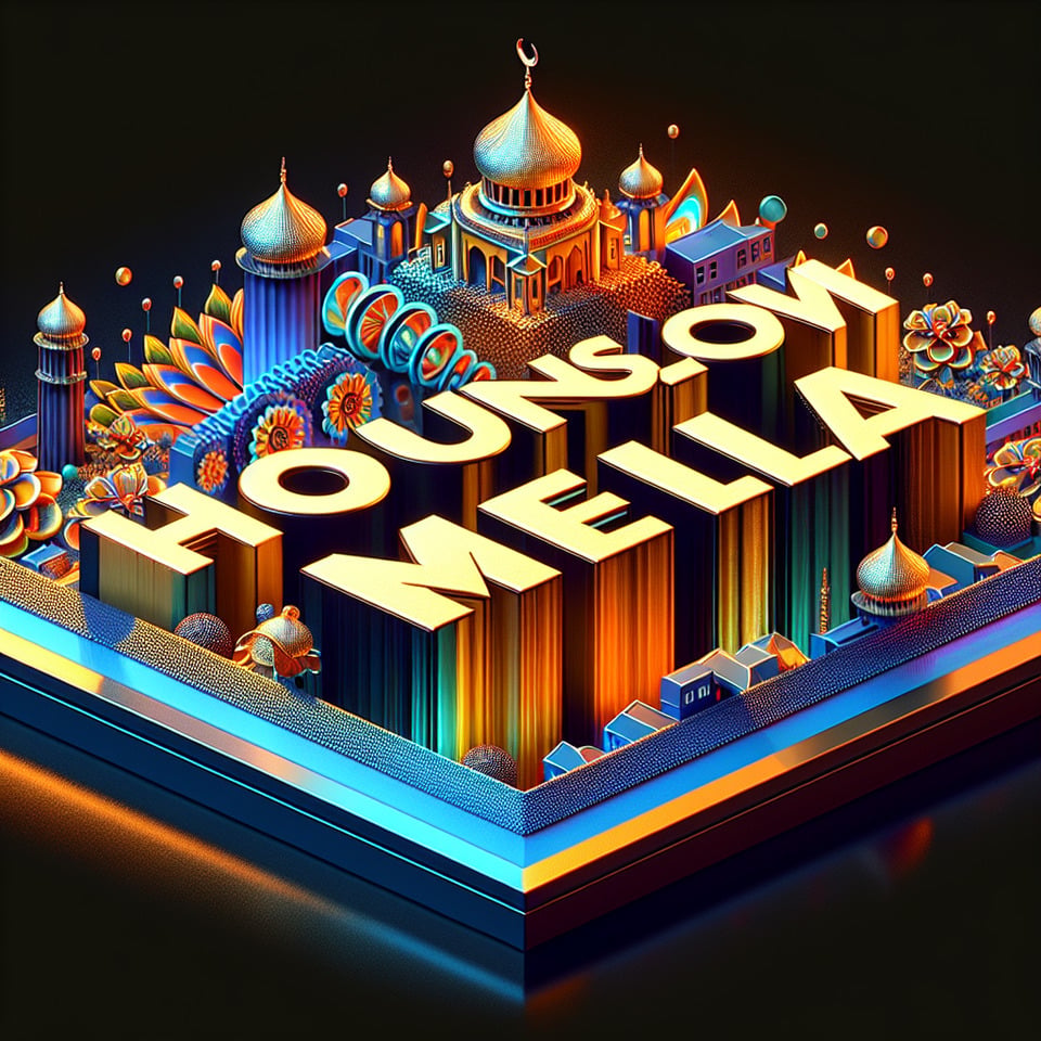 Text HOUNSLOW MELA colorful splash 3d text in goldsilver plate and background colorcinematictypography3d renderposter text effect image