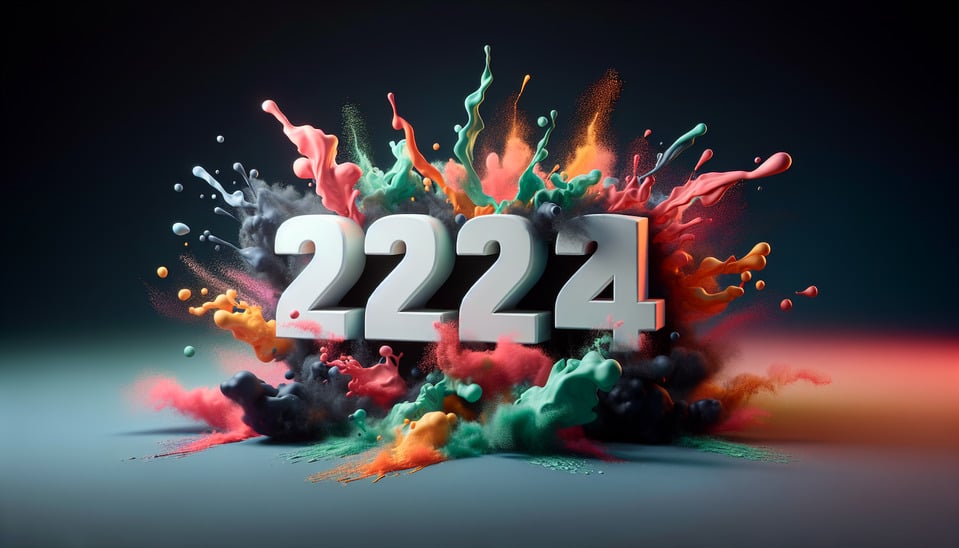 文字「2024」彩色飛濺 3d 文字和菸草背景cinematic text effect image