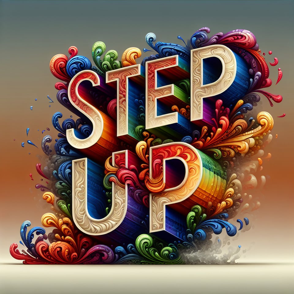 Text STEP UP colorful splash 3d text and smoky transparent backgroundRealistic detailed view. text effect image