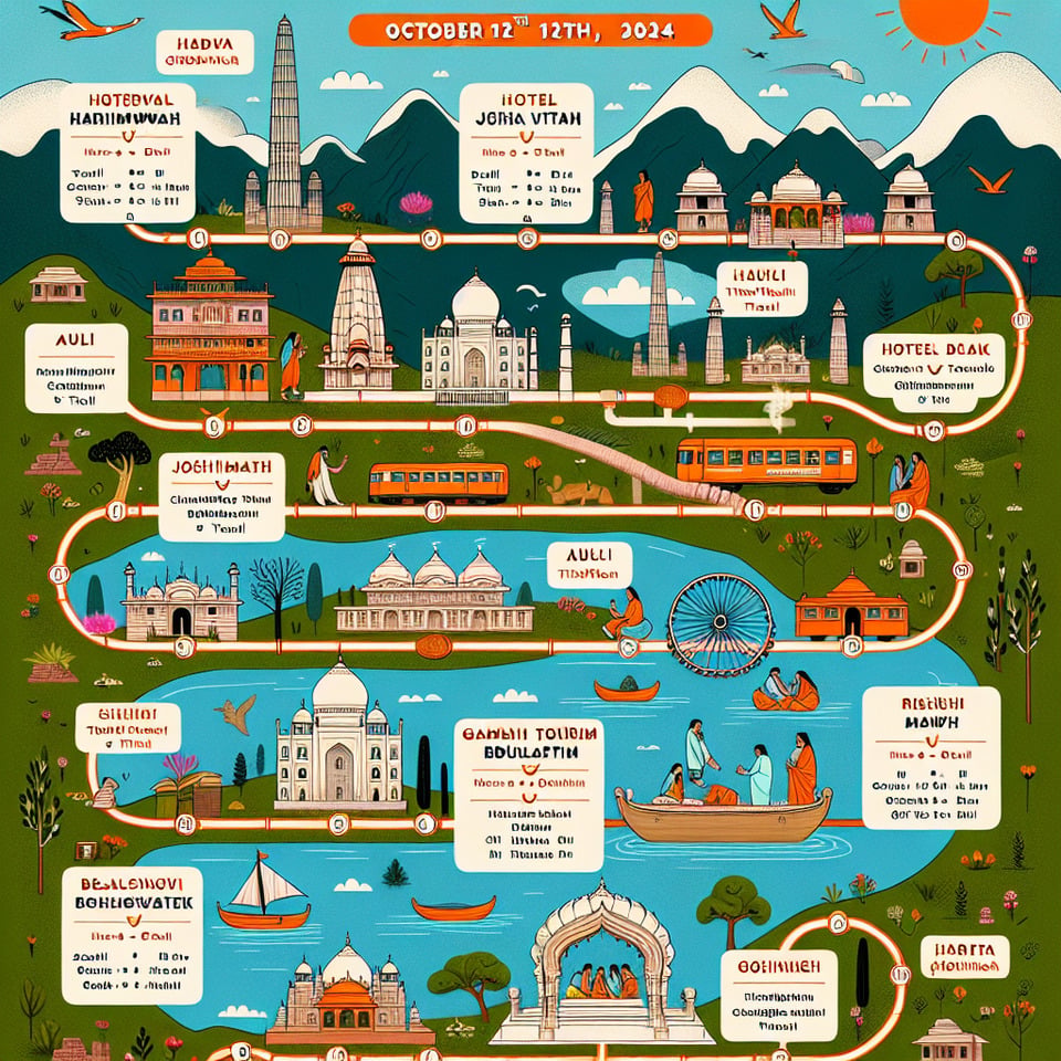 You,Day 1: October 12th2024 (Delhi to Haridwar),06:00 AM: Depart from Delhi to Haridwar by train/bus. Opt for a sleeper class train or an AC bus for comfort and cost-effectiveness.,12:00 PM: Arrive in Haridwar.,12:30 PM - 02:00 PM: Check-in at a budget hotel in Haridwar. Recommended options include Hotel Ganga VilasHotel Vinayak Grandor similar.,02:30 PM - 06:00 PM: Visit Har Ki PauriMansa Devi Templeand Chandi Devi Temple.,07:00 PM: Enjoy Ganga Aarti at Har Ki Pauri.,08:30 PM: Dinner at a local restaurant.,Overnight Stay: Haridwar.,Day 2: October 13th2024 (Haridwar to Joshimath),06:30 AM: Check-out from the hotel and depart for Joshimath.,01:00 PM: Arrive in Joshimath. Check-in at budget accommodations like GMVN Tourist Bungalow or similar.,02:00 PM - 06:00 PM: Explore Joshimath: Visit Narsingh Temple and Kalpavriksha.,07:30 PM: Dinner at a local eatery.,Overnight Stay: Joshimath.,Day 3: October 14th2024 (Joshimath to Auli),08:00 AM: Check-out from the hotel and proceed to Auli via cable car or shared taxi.,10:00 AM - 04:00 PM: Enjoy skiingcable car rideand the panoramic views of the Himalayas in Auli.,06:00 PM: Return to Joshimath.,Overnight Stay: Joshimath.,Day 4: October 15th2024 (Joshimath to Rishikesh),07:00 AM: Check-out and depart for Rishikesh.,01:00 PM: Arrive in Rishikesh. Check-in at budget accommodations like Hotel Ganga Kinare or similar.,02:00 PM - 06:00 PM: Visit Ram JhulaLaxman Jhulaand Triveni Ghat.,07:30 PM: Attend Ganga Aarti at Parmarth Niketan.,Overnight Stay: Rishikesh.,Day 5: October 16th2024 (Rishikesh Sightseeing),08:00 AM: Explore the Beatles Ashram and Neer Garh Waterfall.,12:00 PM: Lunch at a local restaurant.,02:00 PM - 06:00 PM: Visit Bharat Mandir and Swarg Ashram.,07:30 PM: Dinner at a local eatery.,Overnight Stay: Rishikesh.,Day 6: October 17th2024 (Rishikesh to Delhi),08:00 AM: Check-out from the hotel and depart for Delhi.,02:00 PM: Arrive in Delhi. Check-in at a budget hotel.,03:00 PM - 08:00 PM: Explore local markets like Chandni Chowk or Connaught Place for shopping.,08:30 PM: Dinner at a local restaurant.,Overnight Stay: Delhi.,Day 7: October 18th2024 (Delhi Sightseeing),09:00 AM - 01:00 PM: Visit India GateRed Fortand Jama Masjid.,01:30 PM: Lunch at a local restaurant.,02:30 PM - 06:00 PM: Explore Qutub Minar and Humayun's Tomb.,07:00 PM: Enjoy a farewell dinner at a budget-friendly restaurant.,Overnight Stay: Delhi.,Day 8: October 19th2024 (Departure from Delhi),Check-out from the hotel as per your departure schedule.,Additional Tips:,Transportation: Utilize public buses or trains for intercity travel to minimize costs.,Accommodation: Opt for budget hotelshostelsor guesthouses. Booking in advance can secure better deals.,Food: Explore local eateries and street food for authentic yet economical meals.,Activities: Many sightseeing spots have nominal entry fees. Plan your visits accordingly to manage expenses. Make Trip Itinerary a proper trip plan template text effect image