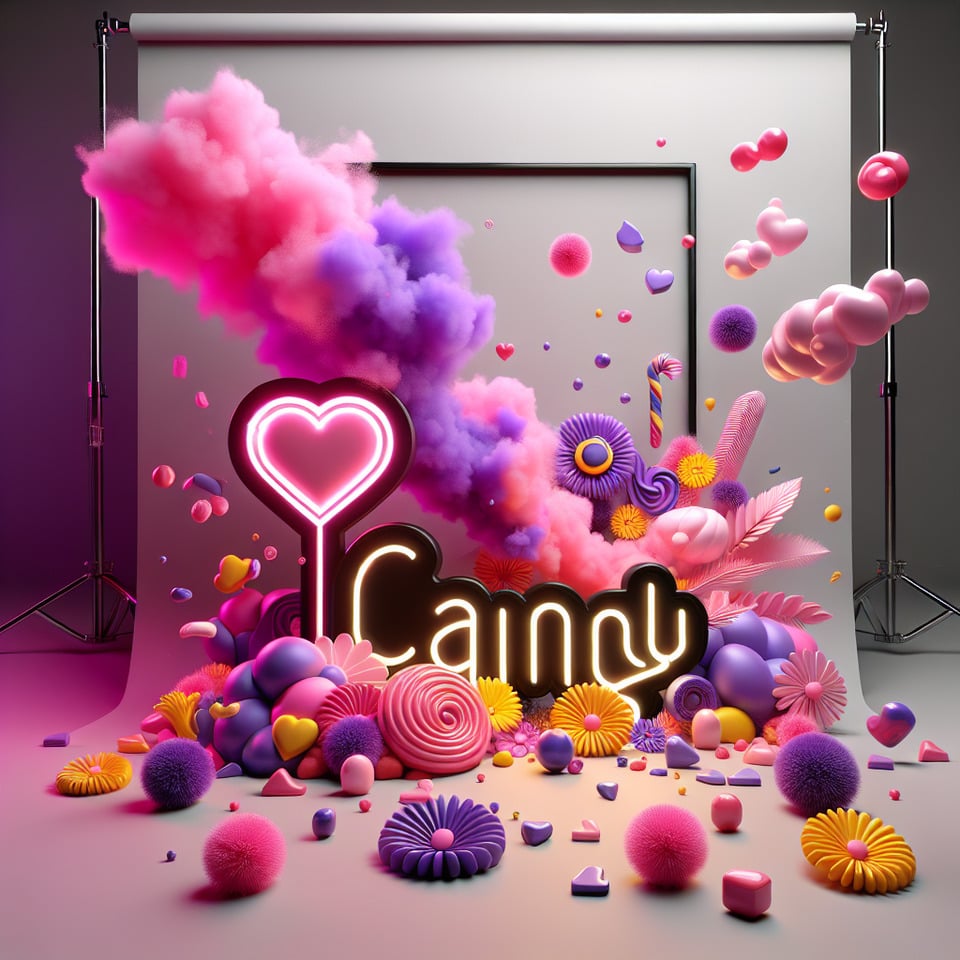 Name Candy written on the backgroundsmall colorful touches of 3D paint and with colorful flowers and pink and purple smoke included. Everything in front with hearts in neon3D rendering3k3d rendercinematicillustrationtypographyphotoposter text effect image