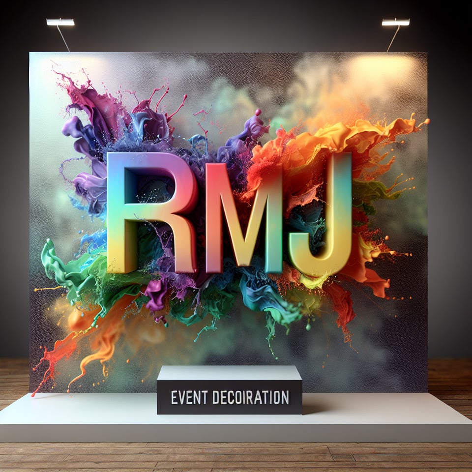 Text RMJ colorful splash 3d text and smoky transparent backgroundRealistic detailed view WITH CAPTION Event Decoration text effect image