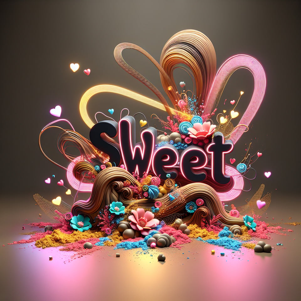 Name Sweet written on the backgroundsmall colorful touches of 3D paint and with colorful flowers and goldpinkand brown smoke included. Everything in front with hearts in neon3D rendering3k3d render text effect image