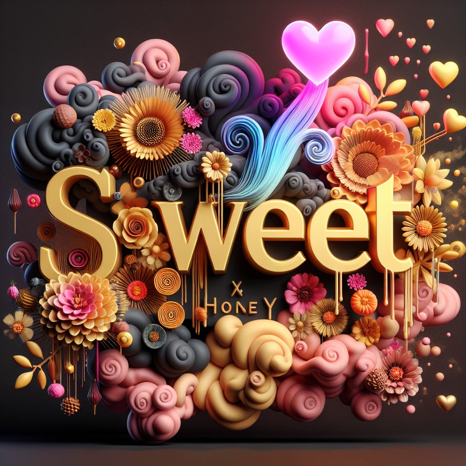 Name Sweet and Honey written on the backgroundsmall colorful touches of 3D paint and with colorful flowers and goldpinkand brown smoke included. Everything in front with hearts in neon3D rendering3k3d render text effect image