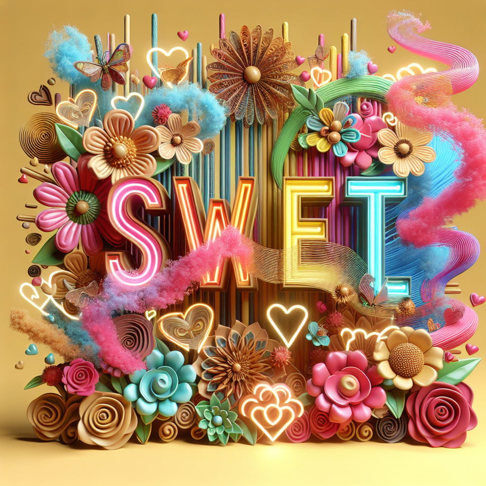 Name Sweet and Honey written on the backgroundsmall colorful touches of 3D paint and with colorful flowers and goldpinkand brown smoke included. Everything in front with hearts in neon3D rendering3k3d render text effect image