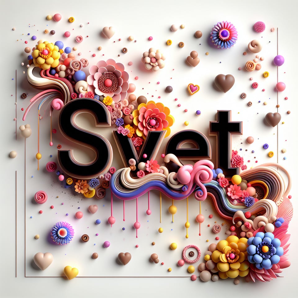 Name Sweet written on the white backgroundsmall colorful touches of 3D paint and with colorful flowers and pinkbrown and gold smoke included. Everything in front with hearts in neon3D rendering3k3d render text effect image