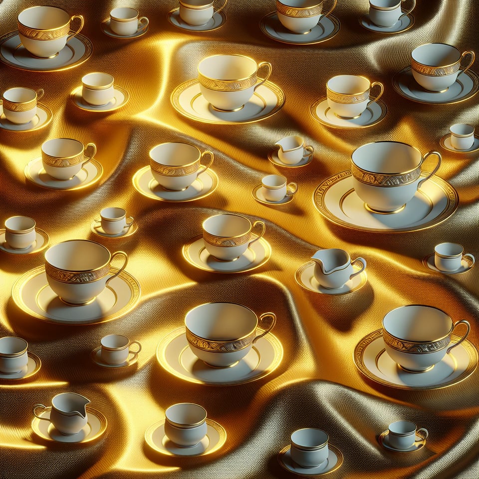 teacup pattern background on gold fabric3d render text effect image