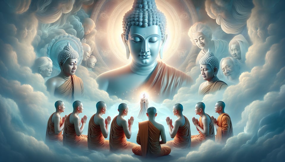 Lord buddha in heavan with buddhist monkssoft skin text effect image