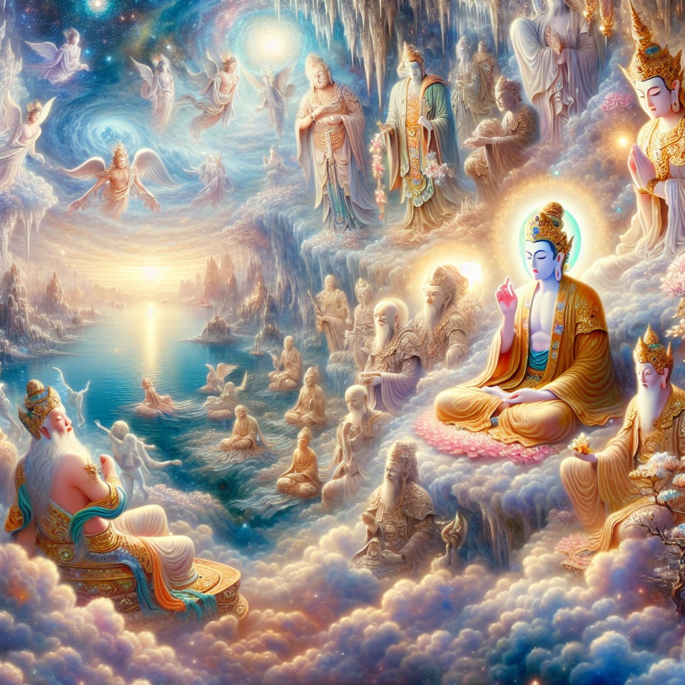Lord buddha in heaven with gods text effect image