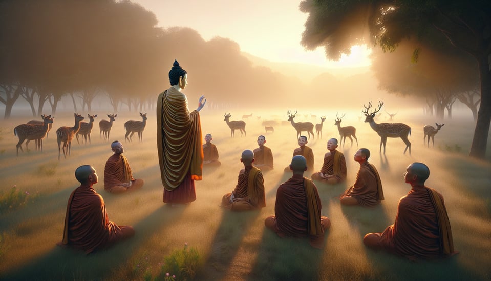 realistic lord buddha with monks in a dhamma sermon in a deer park in a beautifull morning text effect image