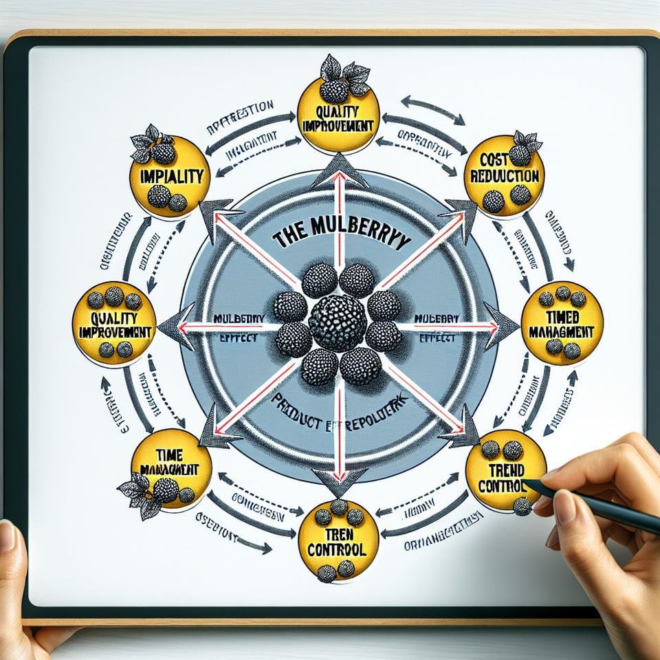 The graph illustrates the Mulberry Effect Frameworkdepicting the four pillars—quality improvementcost reductiontime managementand trend control—as interconnected components contributing to value-centric product development. Each pillar is represented as a segment of a circlewith arrows indicating the flow of influence and interaction between the pillars. Through visualizationthe graph illustrates how organizations can leverage the Mulberry Effect Framework to achieve s text effect image