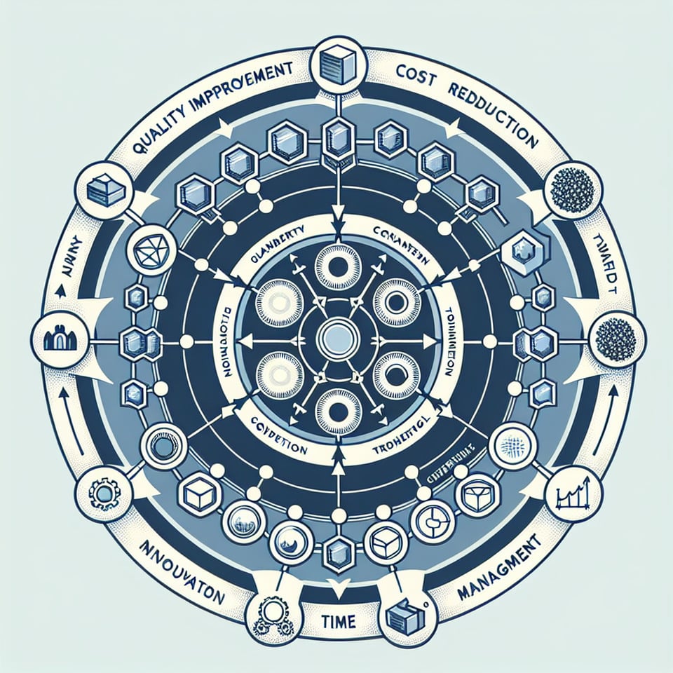 [The graph illustrates the Mulberry Effect Frameworkdepicting the four pillars—quality improvementcost reductiontime managementand trend control—as interconnected components contributing to value-centric product development. Each pillar is represented as a segment of a circlewith arrows indicating the flow of influence and interaction between the pillars. Through visualizationthe graph illustrates how organizations can leverage the Mulberry Effect Framework to achieve synergy and balance across all aspects of product developmentultimately driving innovationefficiencyand market success.] text effect image