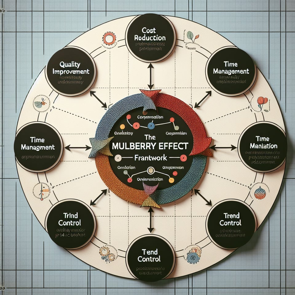 [The graph illustrates the Mulberry Effect Frameworkdepicting the four pillars—quality improvementcost reductiontime managementand trend control—as interconnected components contributing to value-centric product development. Each pillar is represented as a segment of a circlewith arrows indicating the flow of influence and interaction between the pillars. Through visualizationthe graph illustrates how organizations can leverage the Mulberry Effect Framework to achieve synergy an text effect image