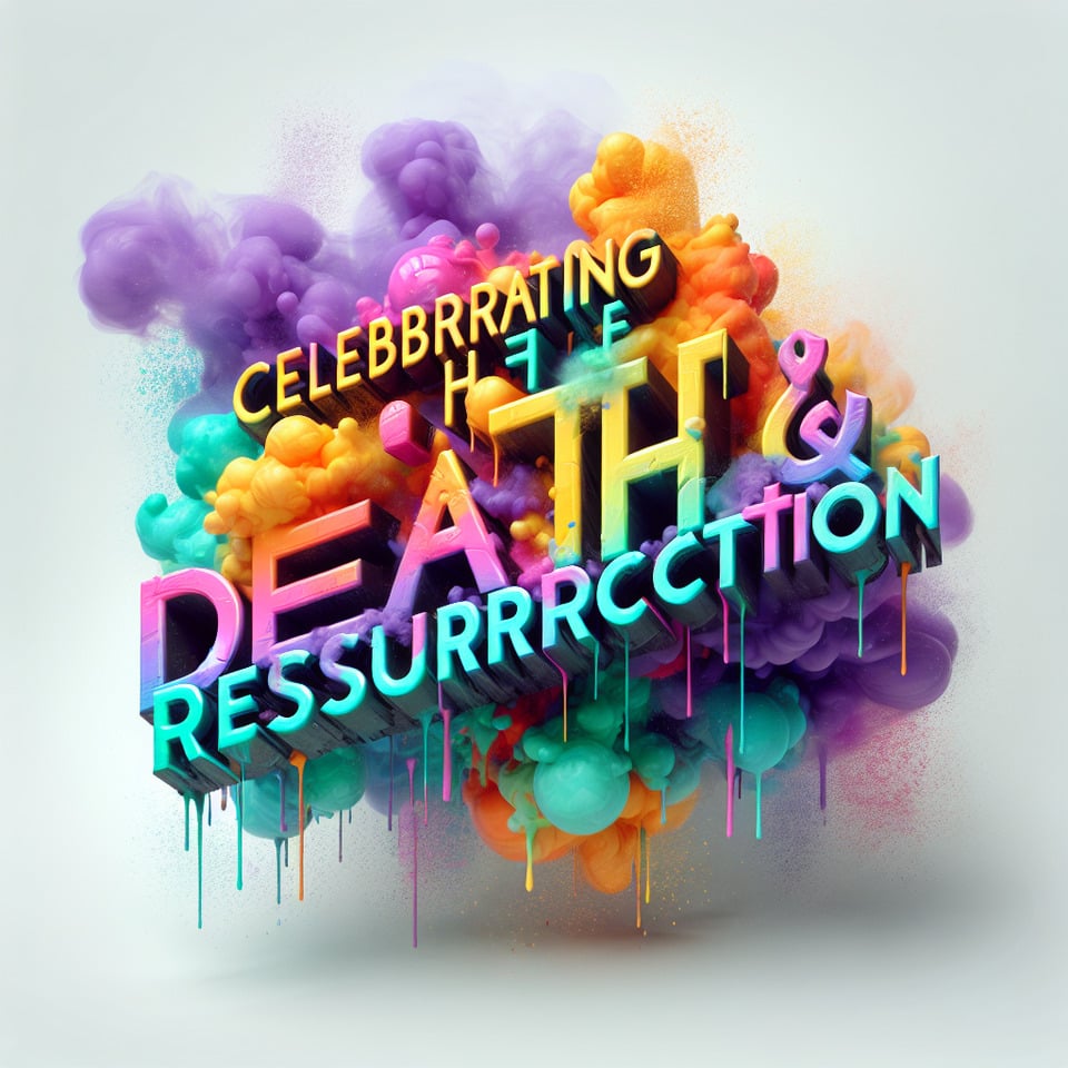 Text CELEBRATING THE DEATH & RESURACTION colorful splash 3d text and smoky white background text effect image