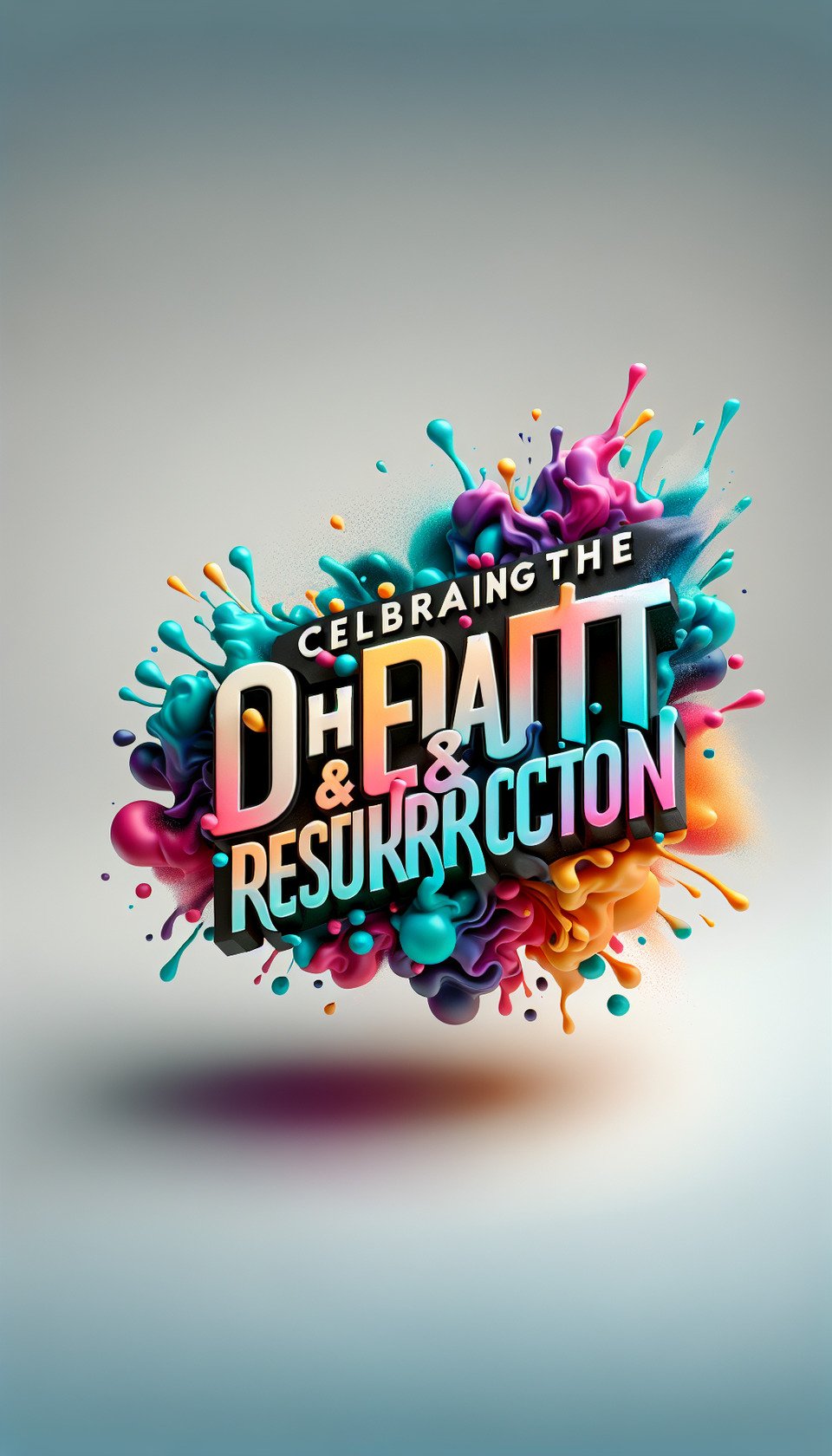 Text CELEBRATING THE DEATH & RESURRECTION colorful splash 3d text and smoky white backgroundRealistic detailed view text effect image