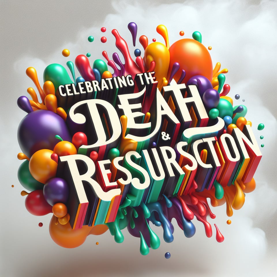 Text CELEBRATING THE DEATH & RESURRECTION colorful splash 3d text and smoky white background text effect image