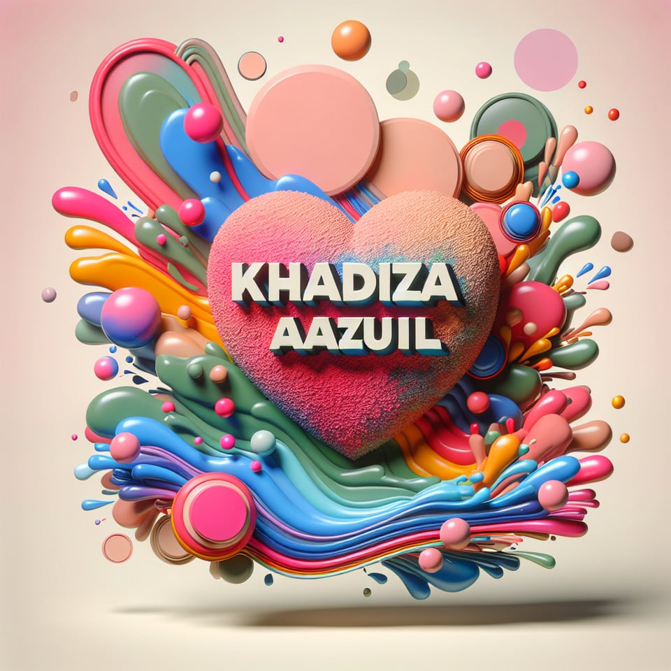 Name KHADIZA AJazul written on the backgroundsmall colorful touches of 3D paint and with colorful HEart and pink text effect image