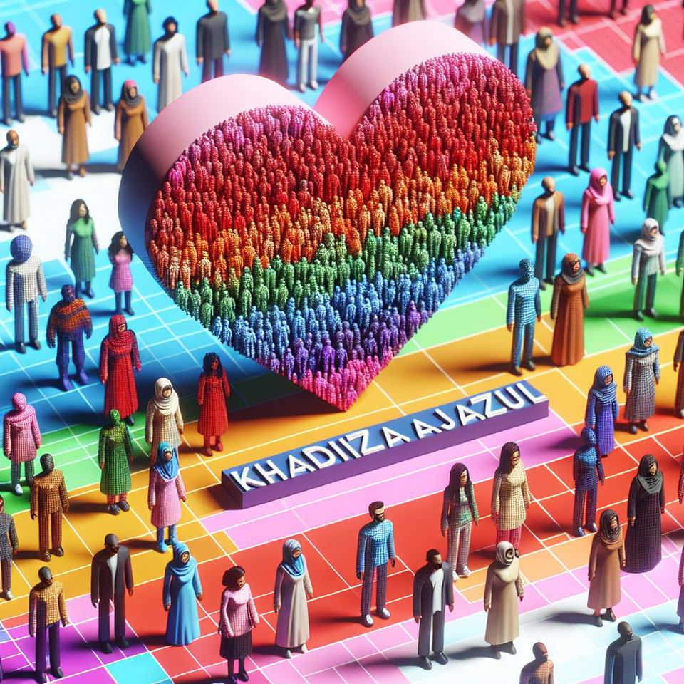 Name KHADIZA AJazul written on the backgroundsmall colorful touches of 3D men & women and with colorful HEart and pinkillustrationphoto3d render text effect image