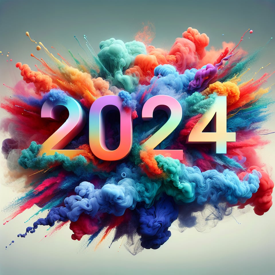 Text 2024 colorful splash 3d text and smoky background text effect image