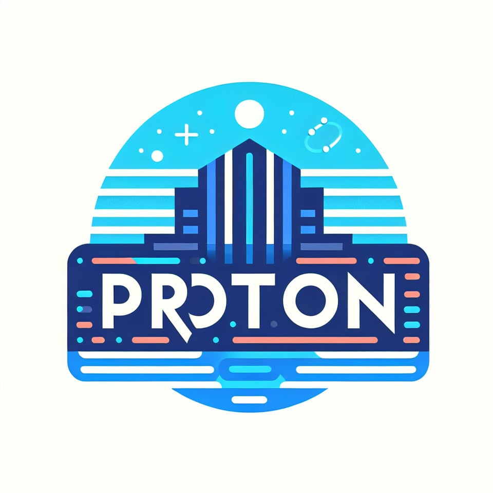文字「PROTON」藍色,平面與建築相關的LOGO text effect image