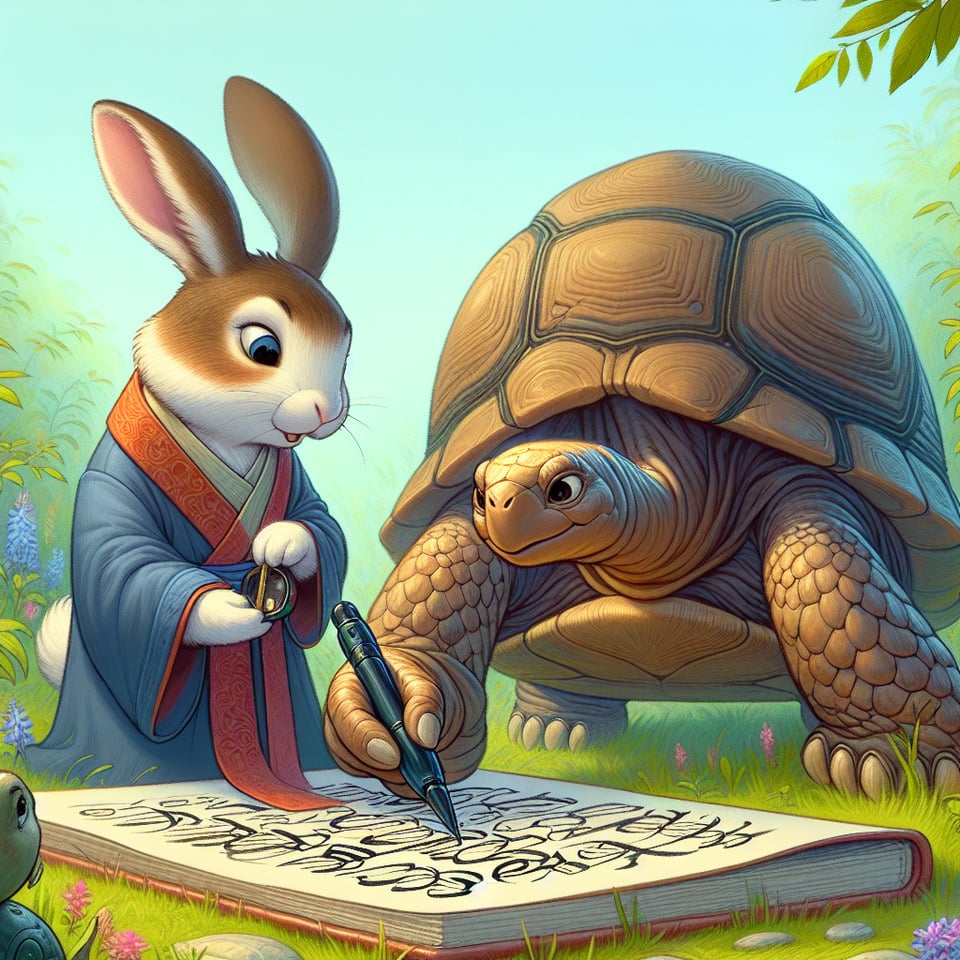 The App-Loving Rabbit and the Timeless Tortoise create a calligraphi for story book cover  text effect image