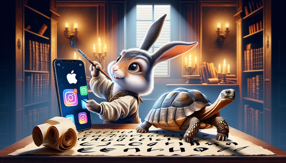The App-Loving Rabbit and the Timeless Tortoise create a calligraphi text effect image