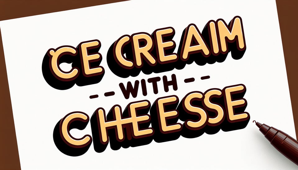 ICECREAM WITH CHEESE this text should look cheesy and 3d ,color should be choclate for fierst two words and maroon for word 'cheese' more spacing between letters text effect image