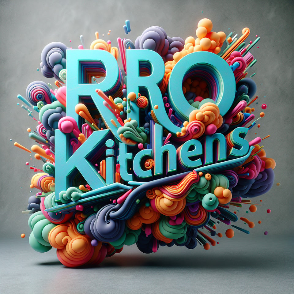 Text Pro Kitchens colorful splash 3d text and smoky transparent backgroundRealistic detailed view. text effect image