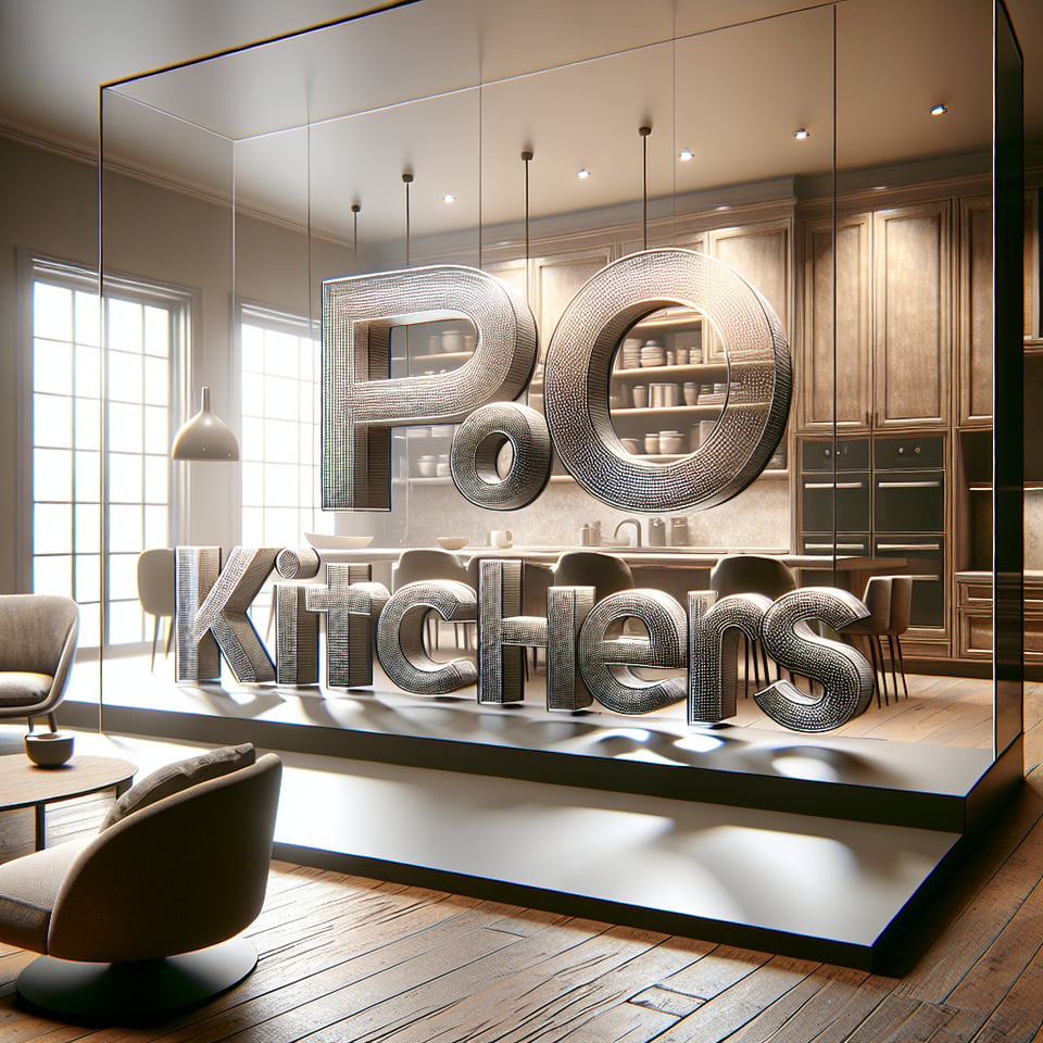 Text PRO Kitchens  home interior themed 3d text and smoky transparent backgroundRealistic detailed view. text effect image