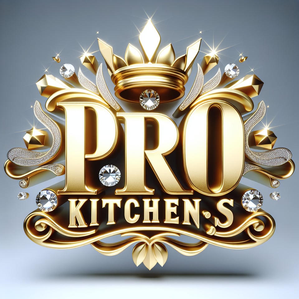 text PRO Kitchens golden luxury text effect with crown and diamond on white background text effect image