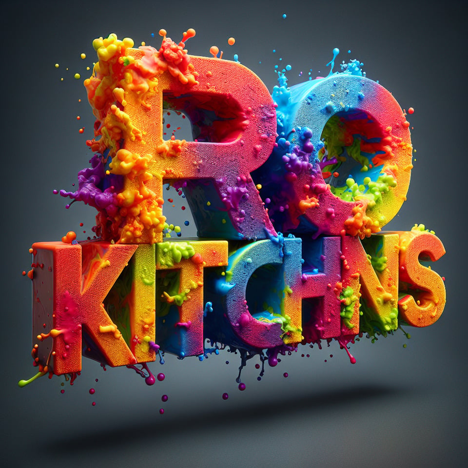 Text PRO KITCHENS colorful splash 3d text and smoky transparent backgroundRealistic detailed view. text effect image