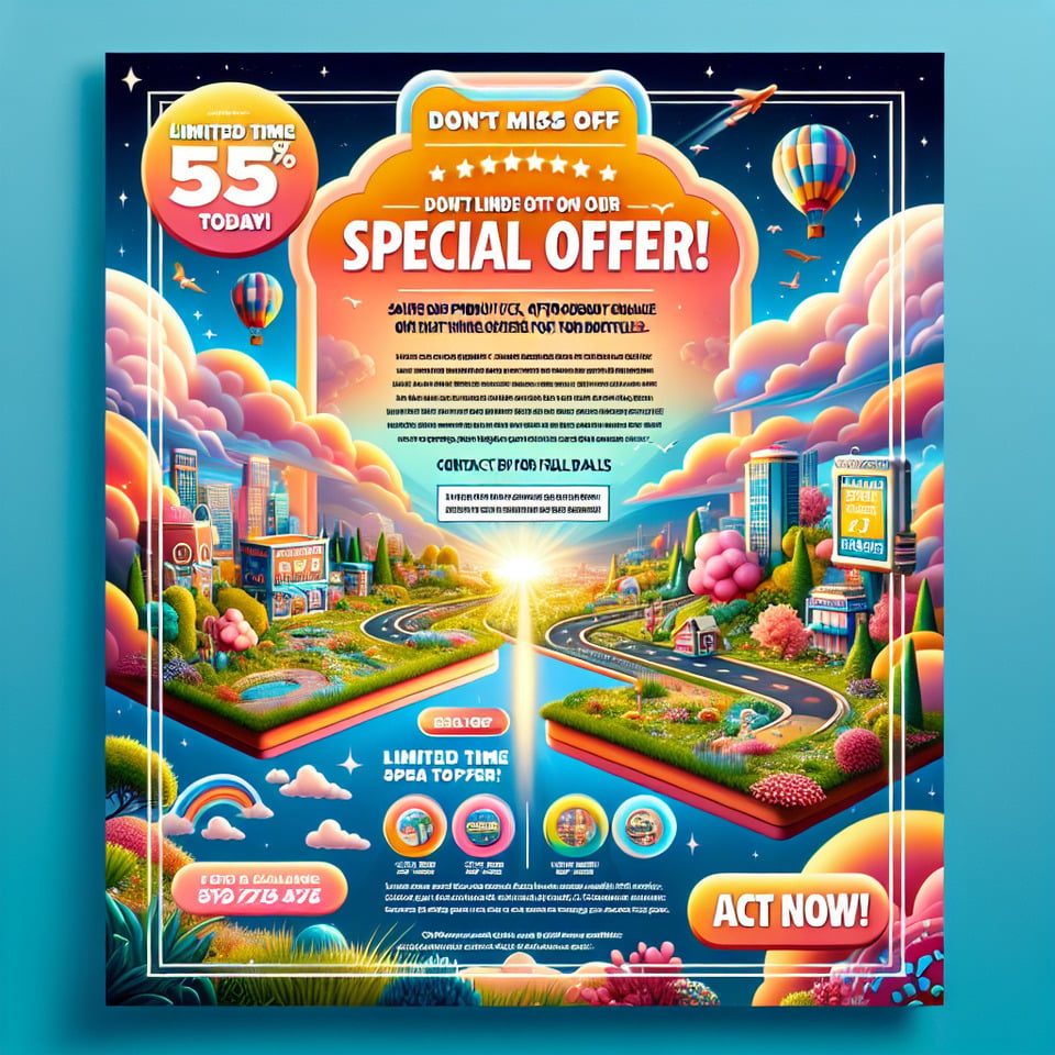[Title: Don't Miss Out on Our Special Offer!],,[Background Image: Bright and inviting image related to your product or service],,---,,🌟 Limited Time Offer! 🌟,,[Your Company Logo],,[Headline: Unlock Exclusive Savings Today!],,Looking for unbeatable deals? Look no further!,,[Description:],- Save big on [your product/service],- Enjoy [specific benefit or feature],- Limited time offer - Act now!,,[Call to Action:],👉 Visit [Your Website] for more details,👉 Call [Your Phone Number] to claim your offer,👉 Drop by [Your Location] today!,,[Date & Time:],Offer valid until [End Date],,[Disclaimer:],*Terms and conditions apply. Offer subject to change without notice. Contact us for full details.,,[Footer:],Follow us on [Social Media Icons] for the latest updates!,,Don't miss out! Grab your savings today!,,[Your Company Name],,[Your Contact Information] text effect image