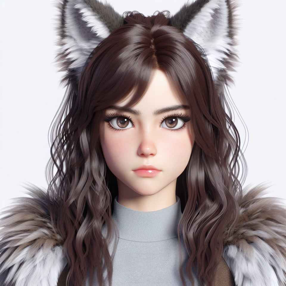 wolf girl wuth brunet hair white background text effect image
