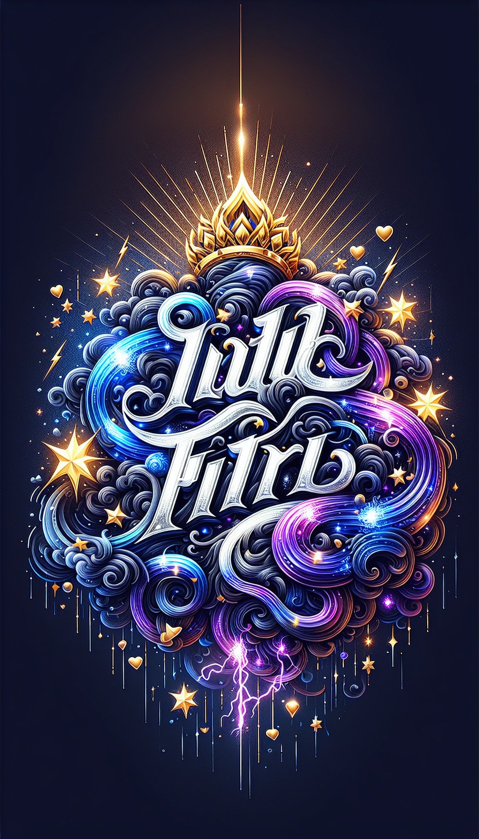 The name Idul Fitri with smoke lightning stars IN DIFFERENT SHADES OF BLUE and purple metalic and a golden crown,small hearts text effect image