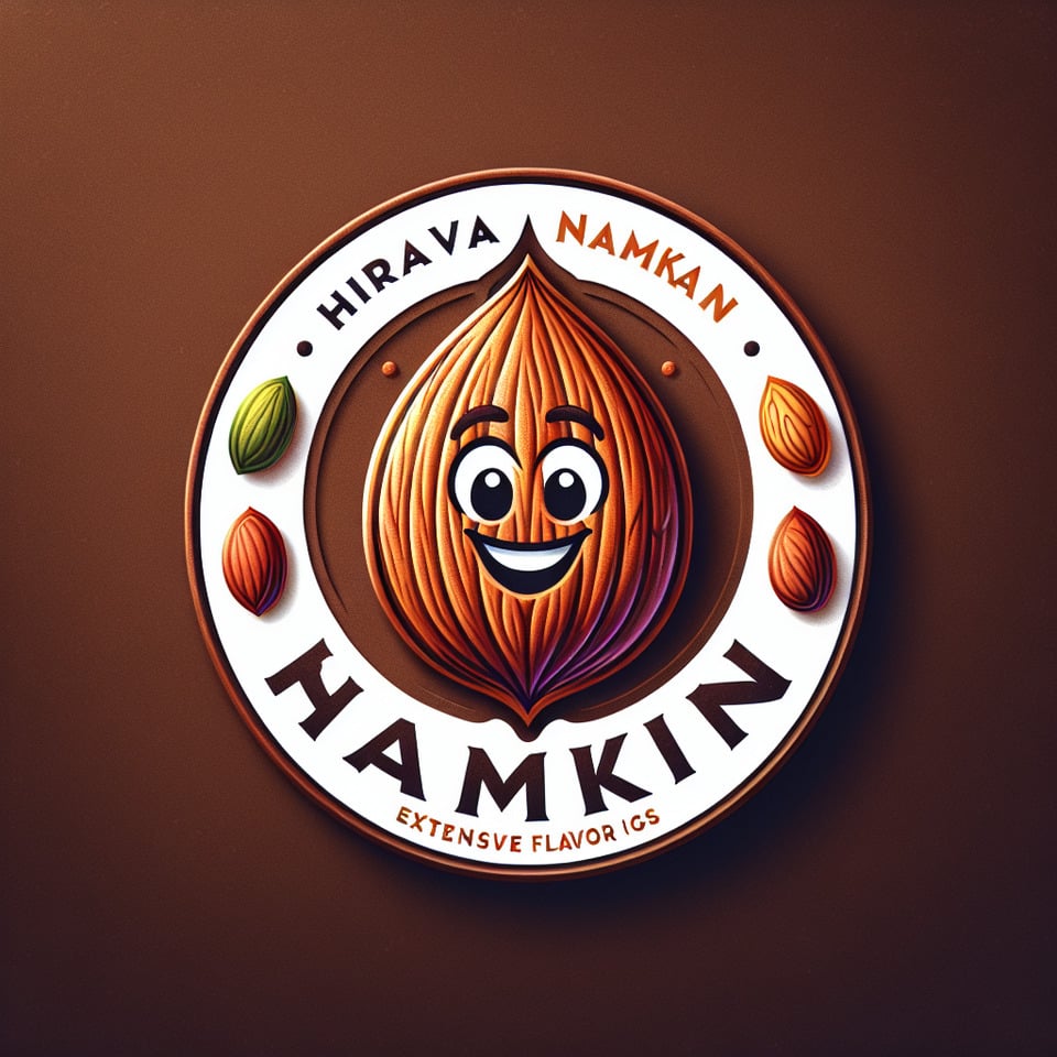 A creative and vibrant logo design for a Hirava Namkinfeaturing a stylizedcolorful almond-shaped character with a smilerepresenting the delicious and diverse flavors of the snack. The name of the brand is boldly written in a moderncursive font below the characteraccompanied by a playful tagline that emphasizes the variety of flavors offered. The overall design is visually appealingwith a touch of modernity and a hint of ethnic charm. text effect image