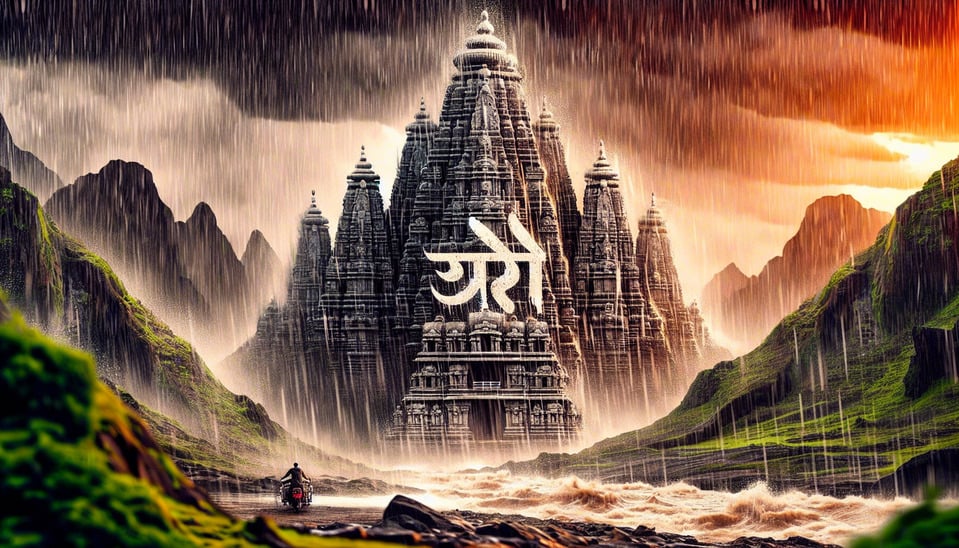 There is water season in the backgroundthere is a temple and आषाढ़ is written which is filled with little blood text effect image